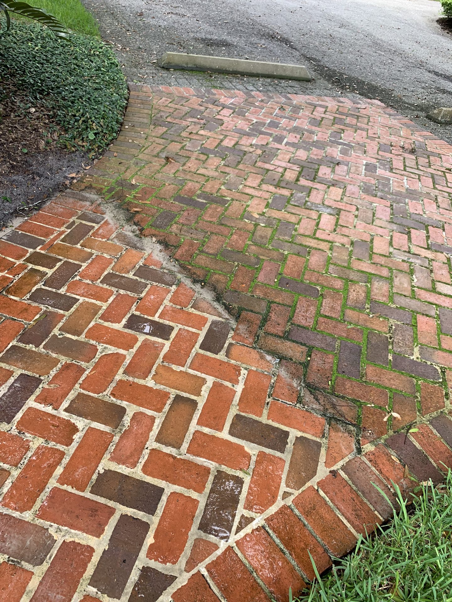 Pressure washing result: a brick paver patio cleaned bright